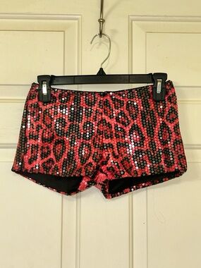 Sequin Leopard Print Women's Dance Shorts - Red and Black